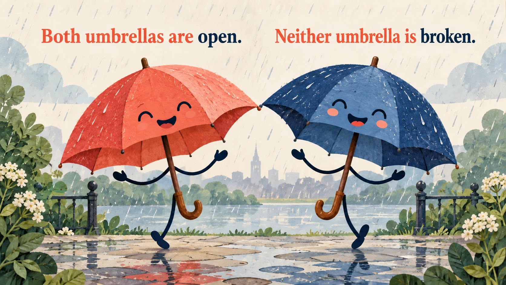 Two cheerful, intact umbrellas stand open in the rain beneath “Both umbrellas are open.” and “Neither umbrella is broken.”