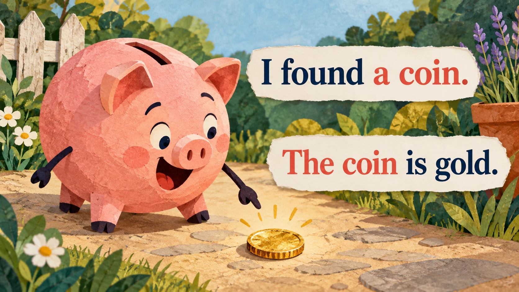 An animated piggy bank discovers a golden coin beneath “I found a coin.” and “The coin is gold.”