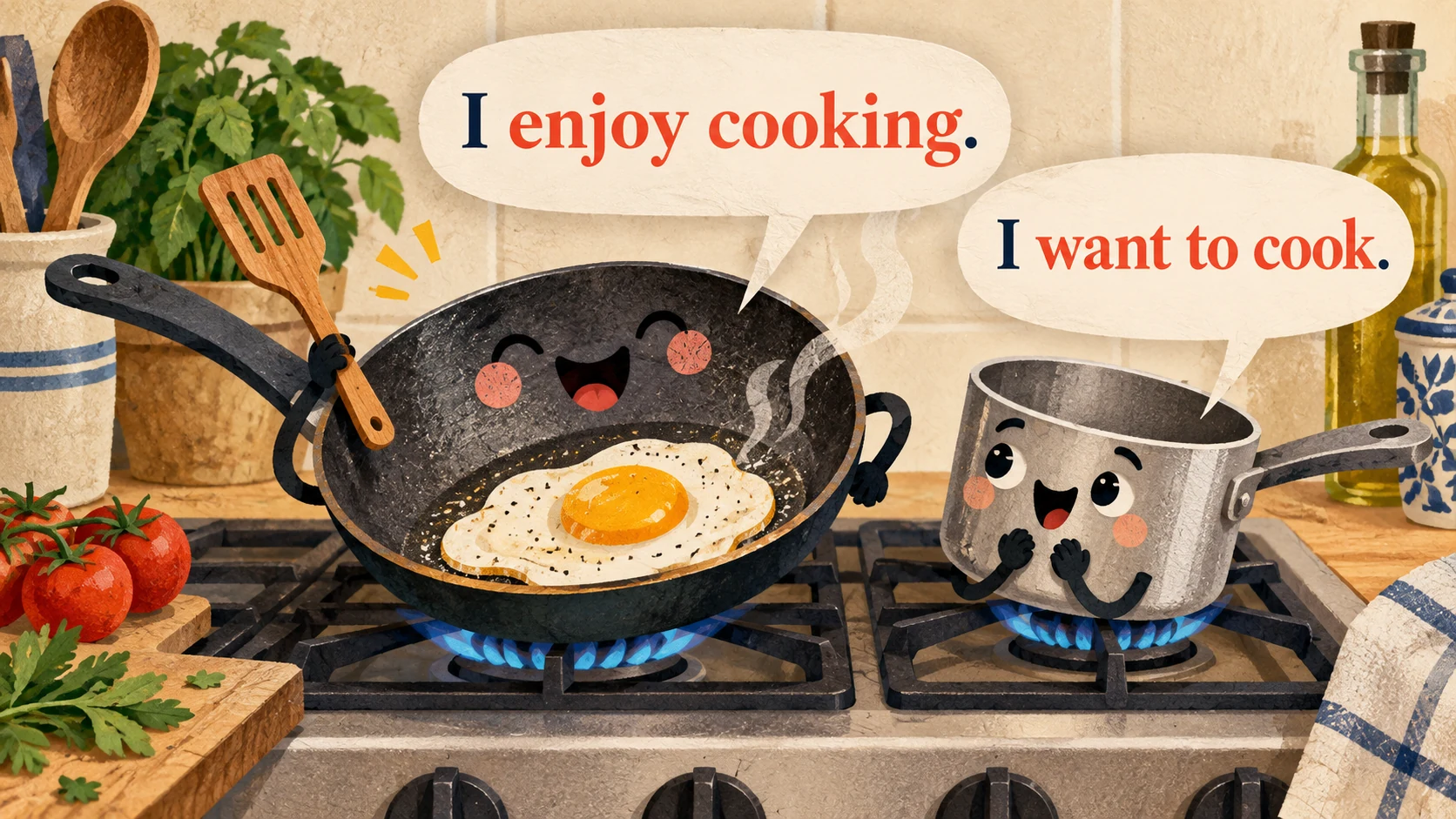 A frying pan says “I enjoy cooking.” while an eager saucepan says “I want to cook.”