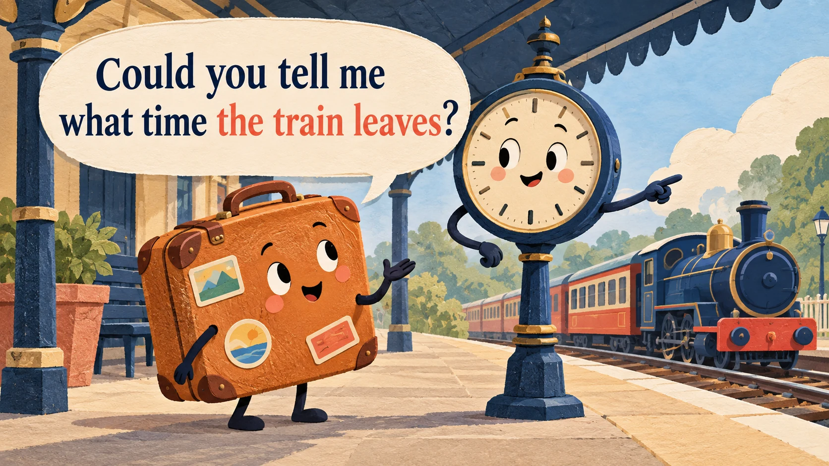 An animated suitcase asks a station clock “Could you tell me what time the train leaves?”