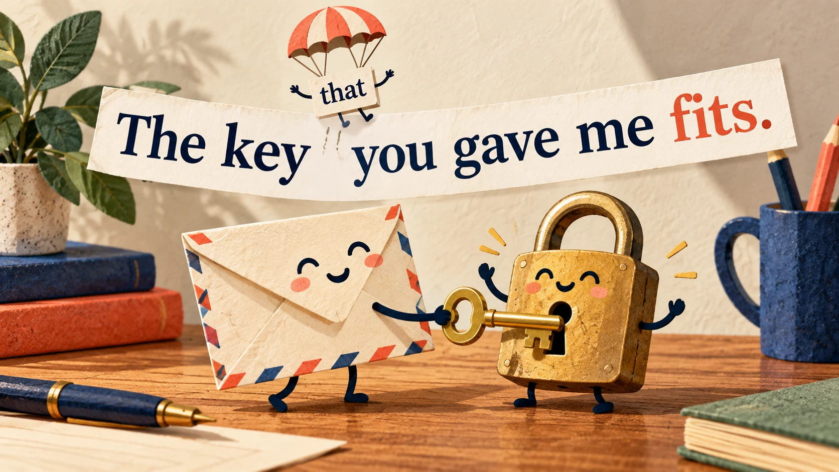 A removable that tile parachutes away from “The key you gave me fits.” as an envelope gives a fitting key to a lock.
