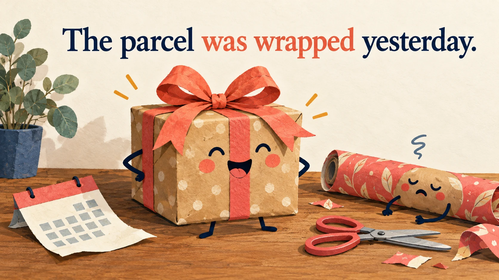 A fully wrapped parcel stands beside a tired wrapping-paper roll beneath “The parcel was wrapped yesterday.”