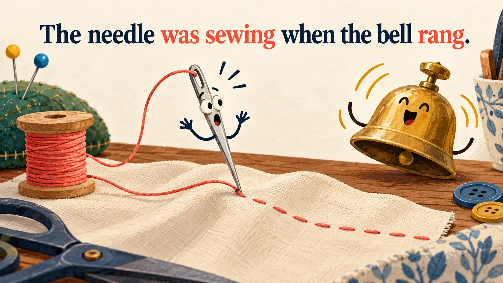 A sewing needle working on a line of stitches is startled by a bell beneath “The needle was sewing when the bell rang.”
