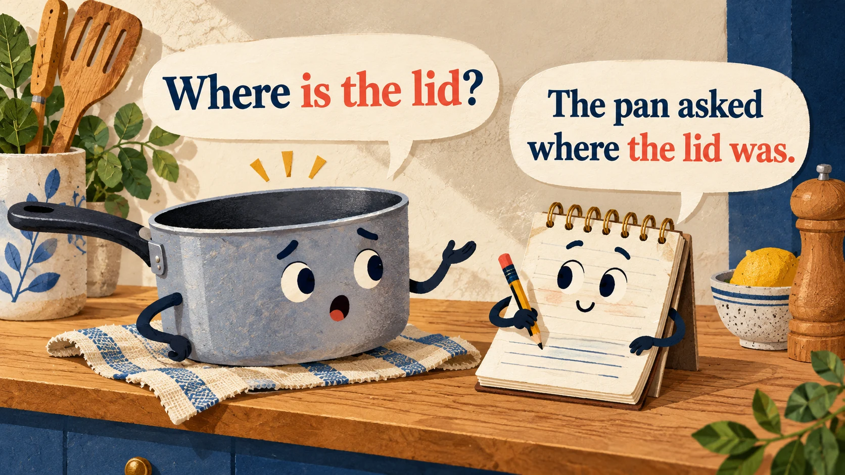 A saucepan asks “Where is the lid?” while a notebook reports “The pan asked where the lid was.”