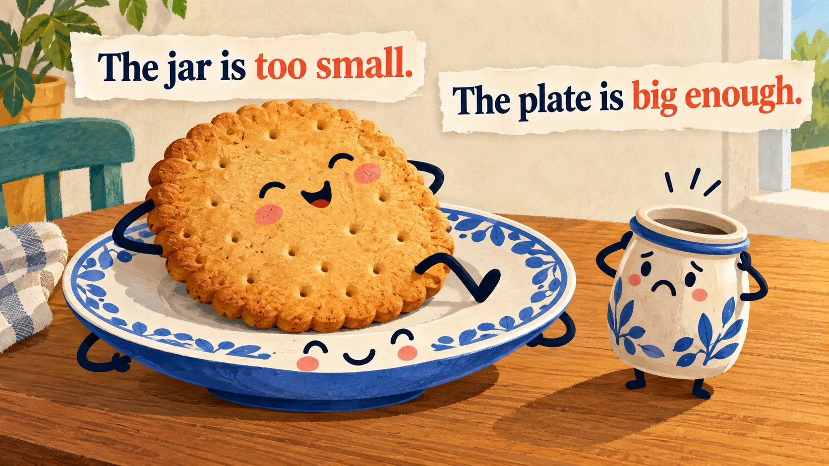 A large biscuit is too big for a small jar but fits on a wide plate beneath “The jar is too small.” and “The plate is big enough.”