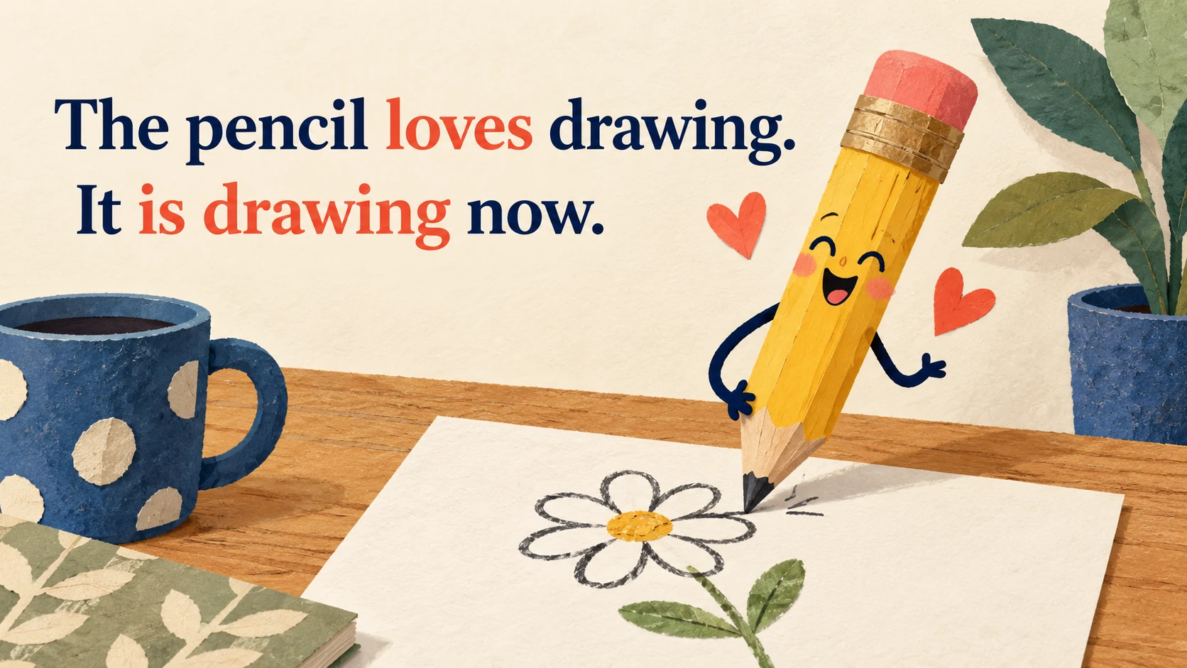 A happy pencil draws a flower beneath “The pencil loves drawing.” and “It is drawing now.”