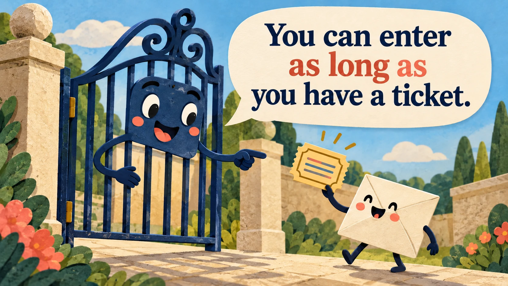 A friendly gate points to an envelope’s ticket beneath “You can enter as long as you have a ticket.”