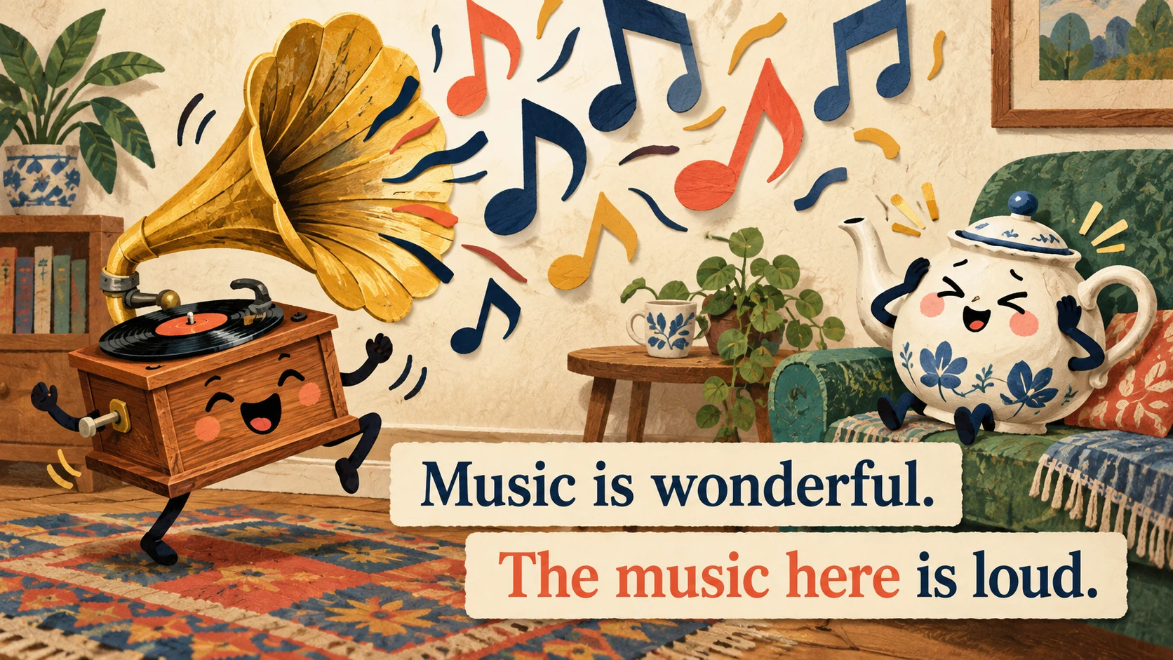 A gramophone plays loud music while a teapot covers its ears beside “Music is wonderful.” and “The music here is loud.”
