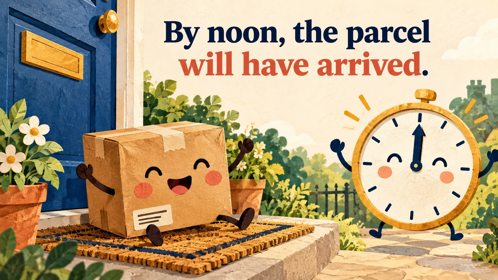 An animated parcel rests safely on a doorstep beside a noon clock beneath “By noon, the parcel will have arrived.”