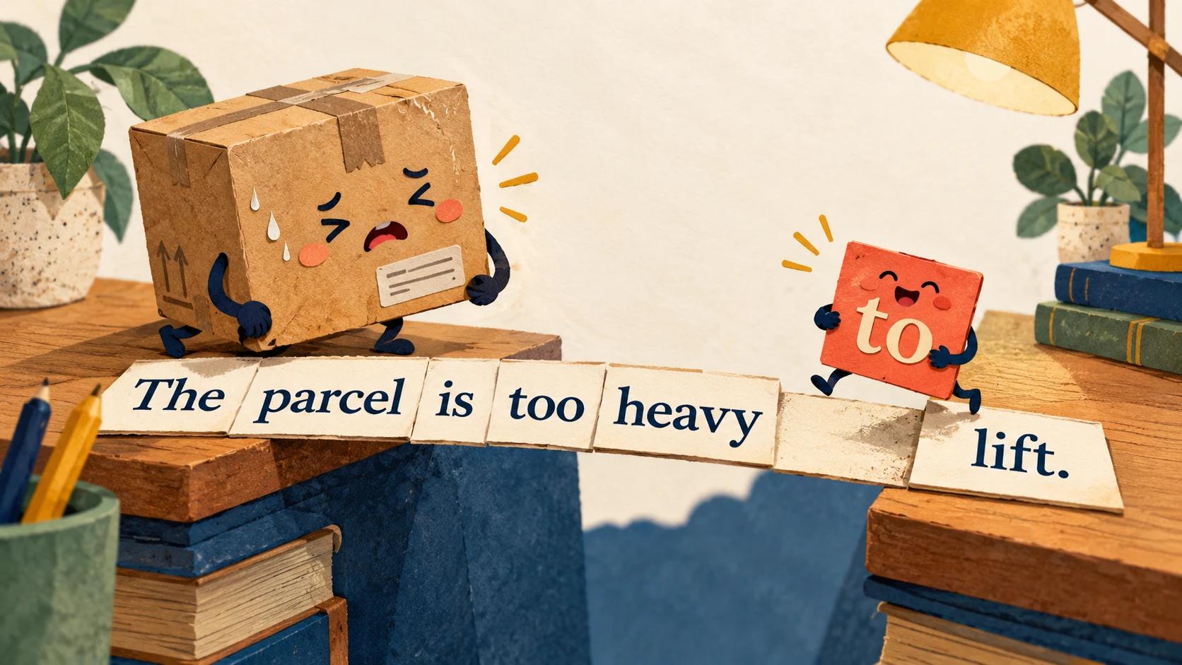 A heavy parcel waits beside a paper sentence bridge while a to word tile approaches the gap between heavy and lift.