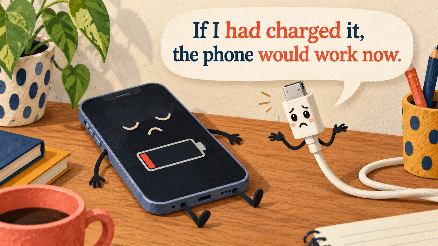 An uncharged phone lies beside an apologetic cable saying “If I had charged it, the phone would work now.”