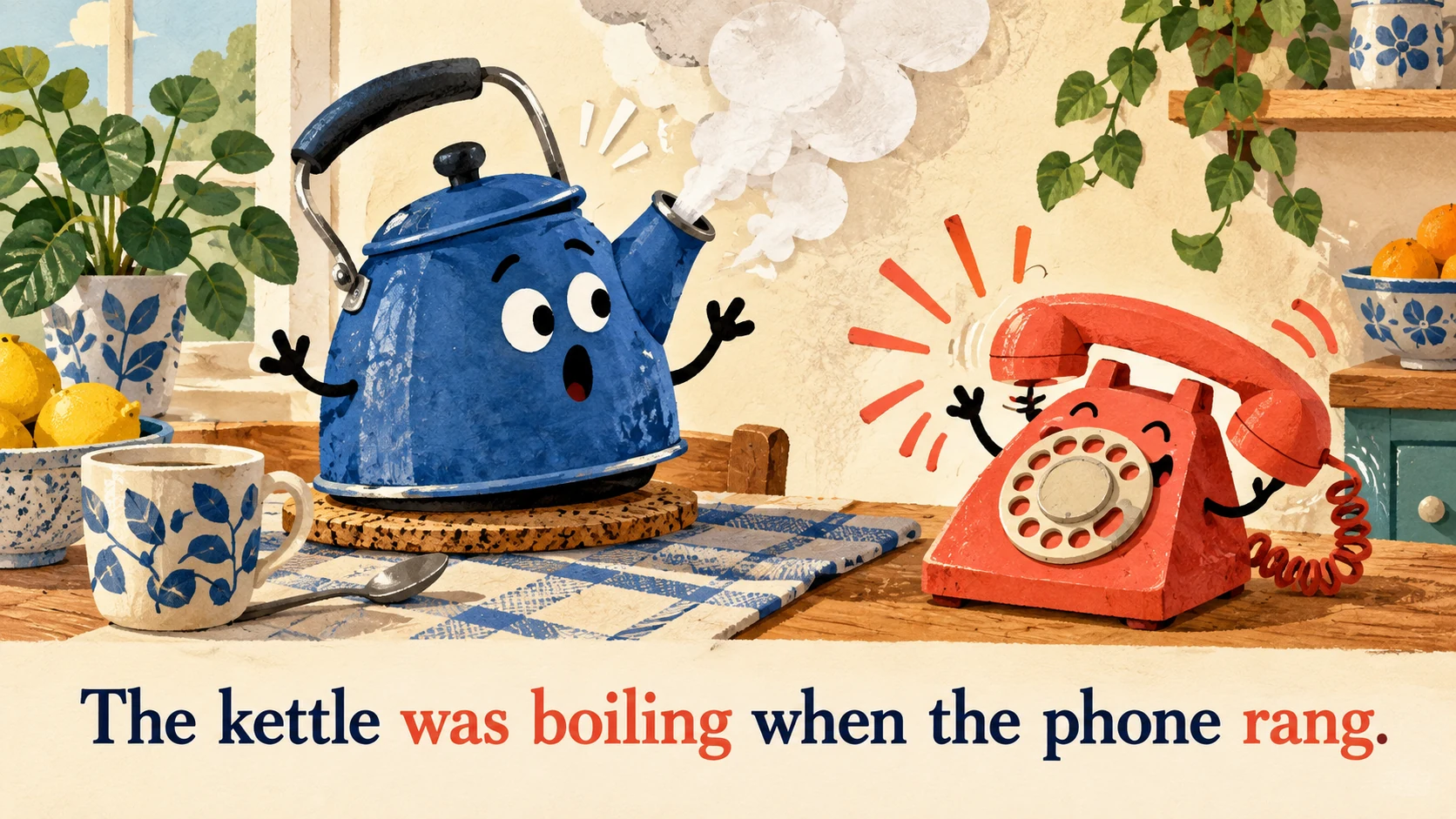 A boiling blue kettle is startled by a ringing coral telephone beneath “The kettle was boiling when the phone rang.”