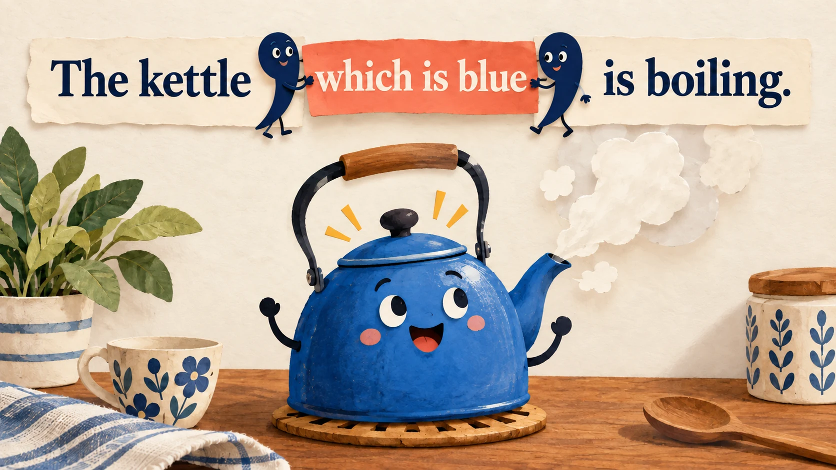 A blue kettle boils beneath “The kettle, which is blue, is boiling.”, with animated commas framing the extra information.