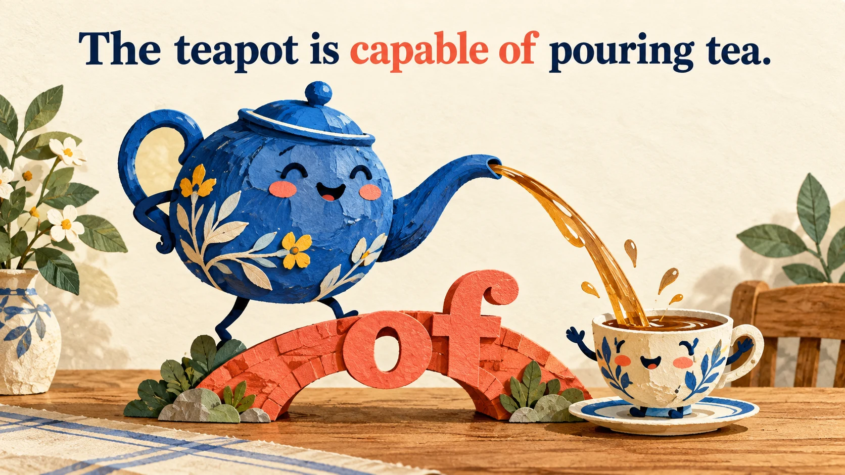 A teapot pours tea into a cup across an of bridge beneath “The teapot is capable of pouring tea.”