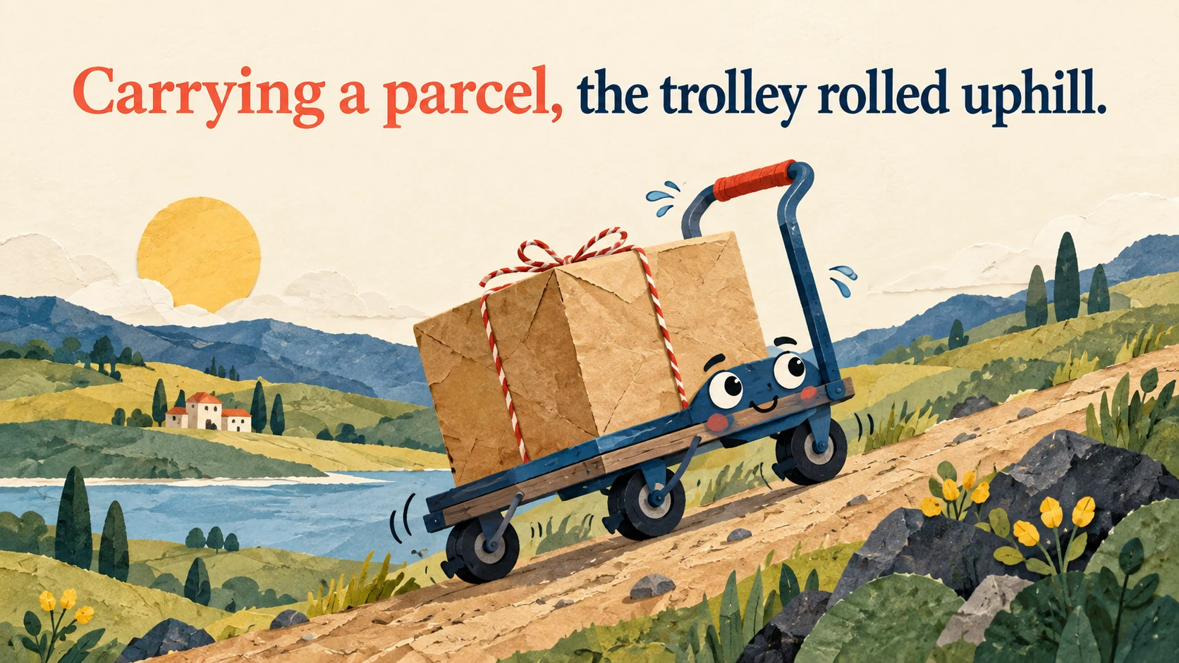 A trolley carries a parcel uphill beneath “Carrying a parcel, the trolley rolled uphill.”