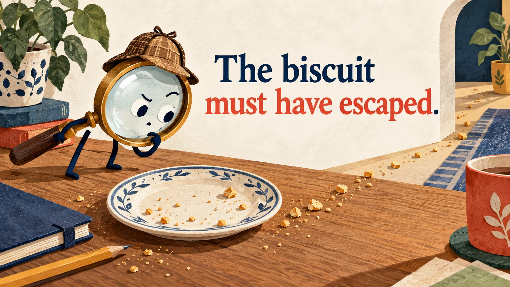A detective magnifying glass examines an empty biscuit plate and a crumb trail beneath “The biscuit must have escaped.”