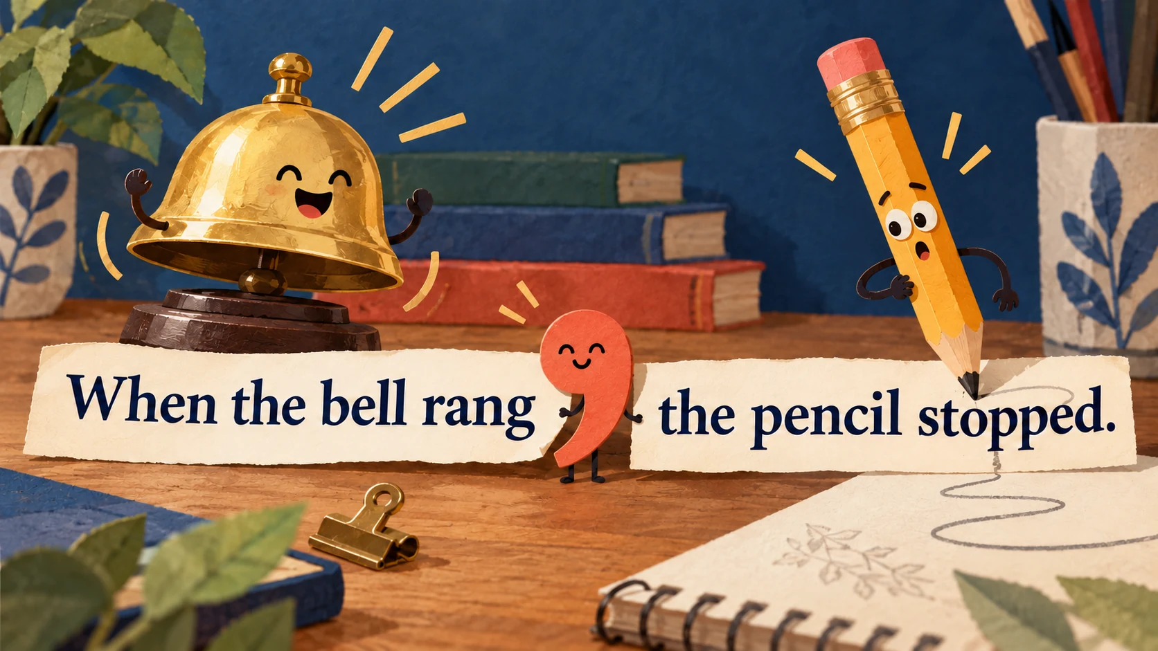 A ringing bell and a stopped pencil share a desk, with an animated comma separating the clauses in “When the bell rang, the pencil stopped.”