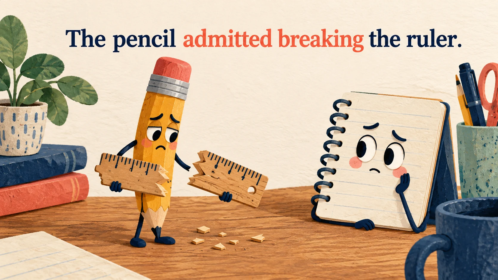 A sheepish pencil holds a broken ruler in front of a notebook beneath “The pencil admitted breaking the ruler.”