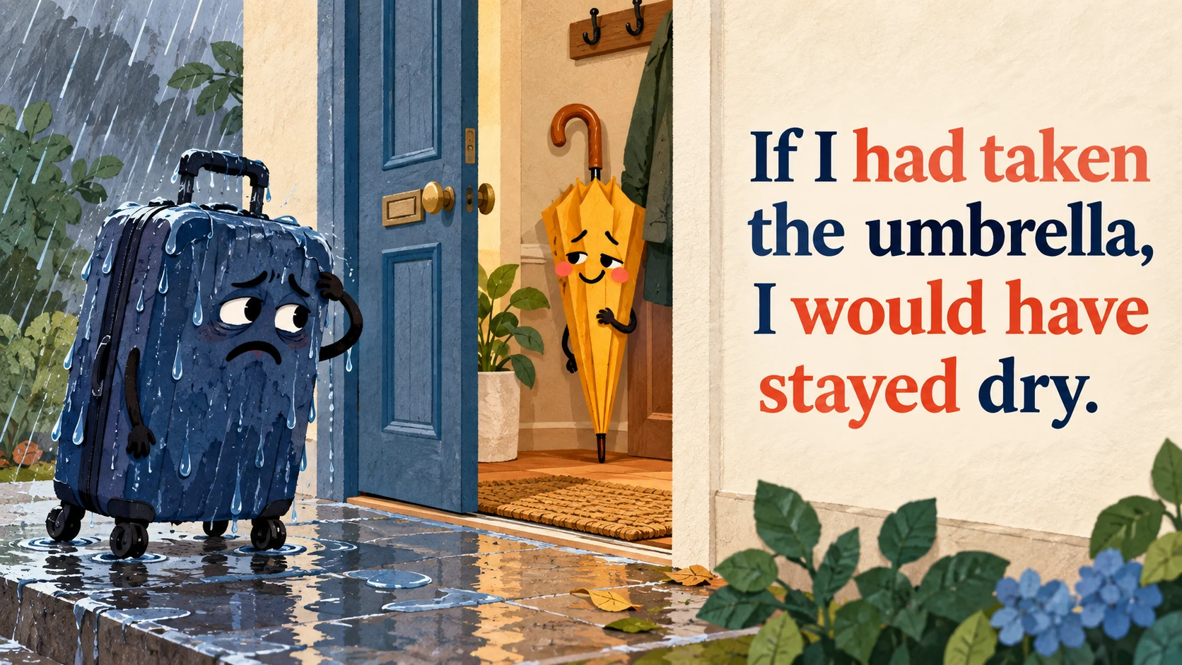 A soaked suitcase regrets leaving its dry umbrella inside a doorway beneath “If I had taken the umbrella, I would have stayed dry.”