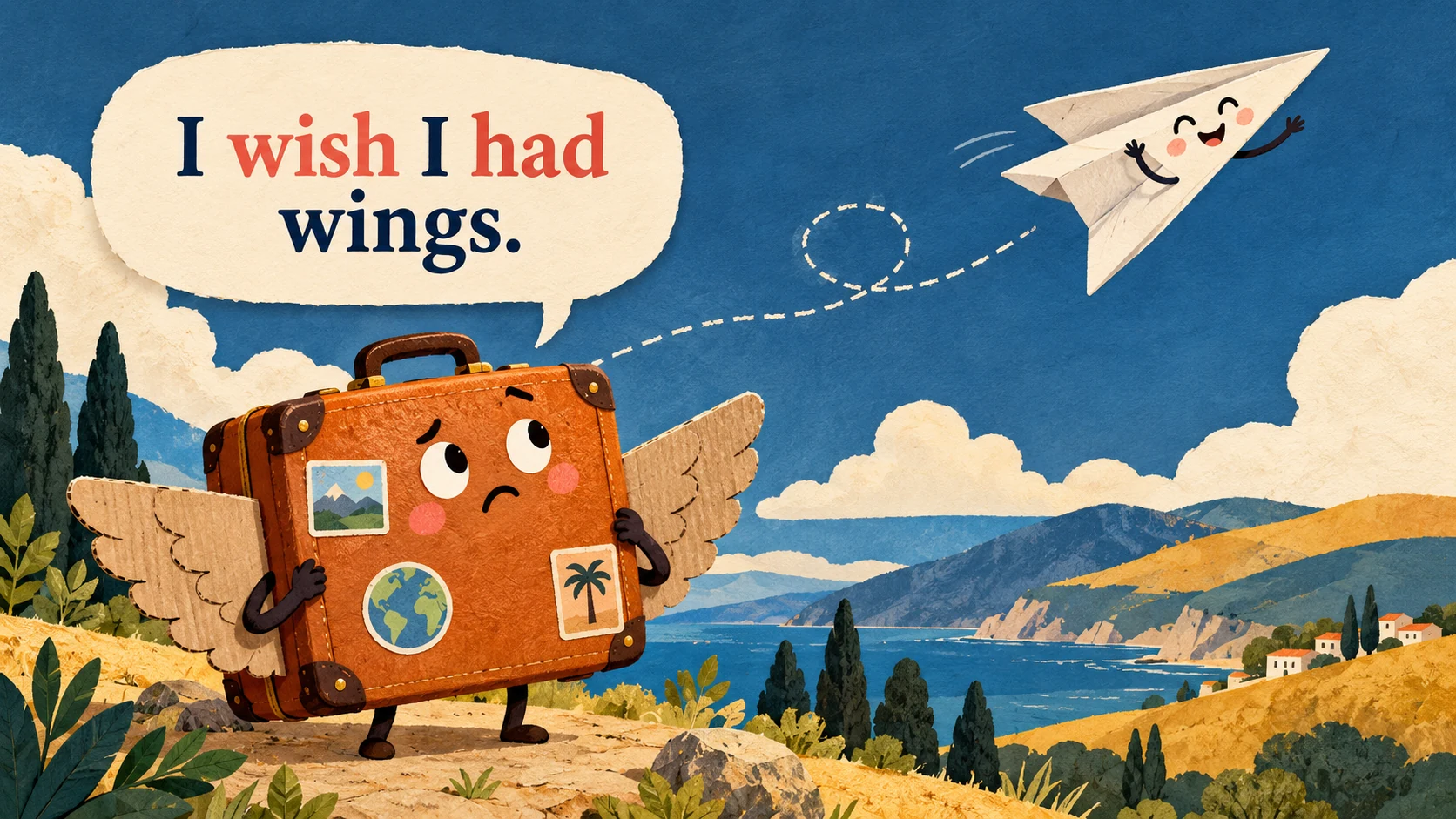 A suitcase holds cardboard wings and watches a paper aeroplane fly while saying “I wish I had wings.”