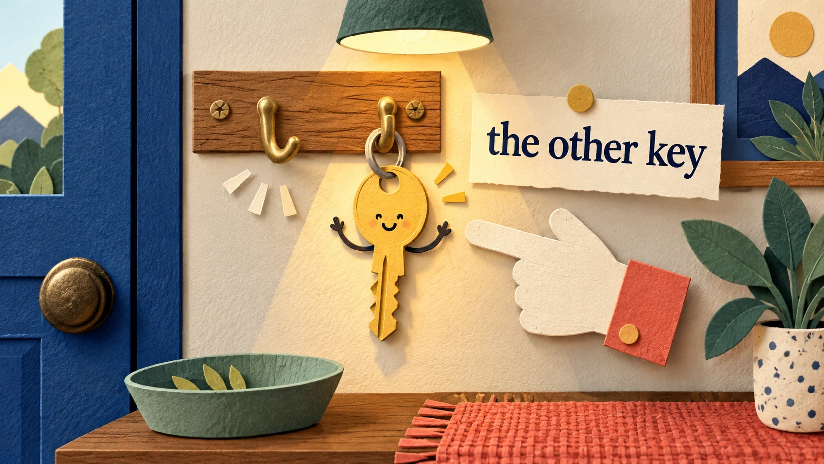 One key remains on a two-hook rack beside a note reading “the other key”.