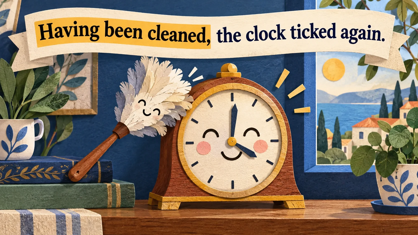 A feather duster cleans a clock beneath “Having been cleaned, the clock ticked again.”