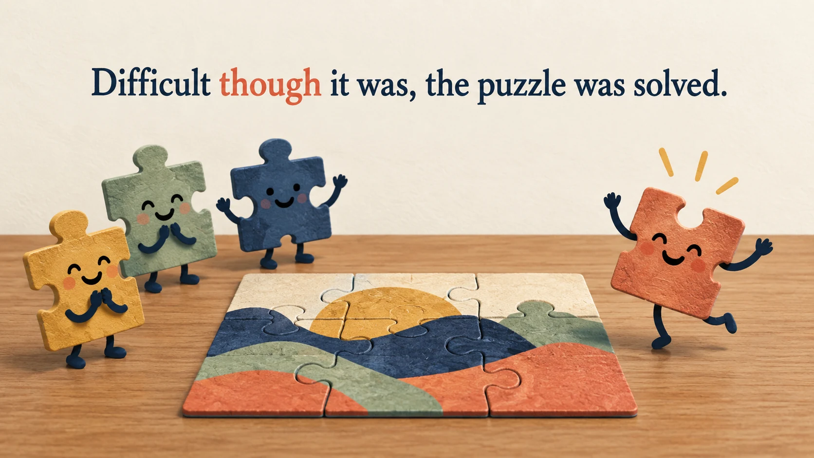 Animated puzzle pieces celebrate a completed puzzle beneath “Difficult though it was, the puzzle was solved.”