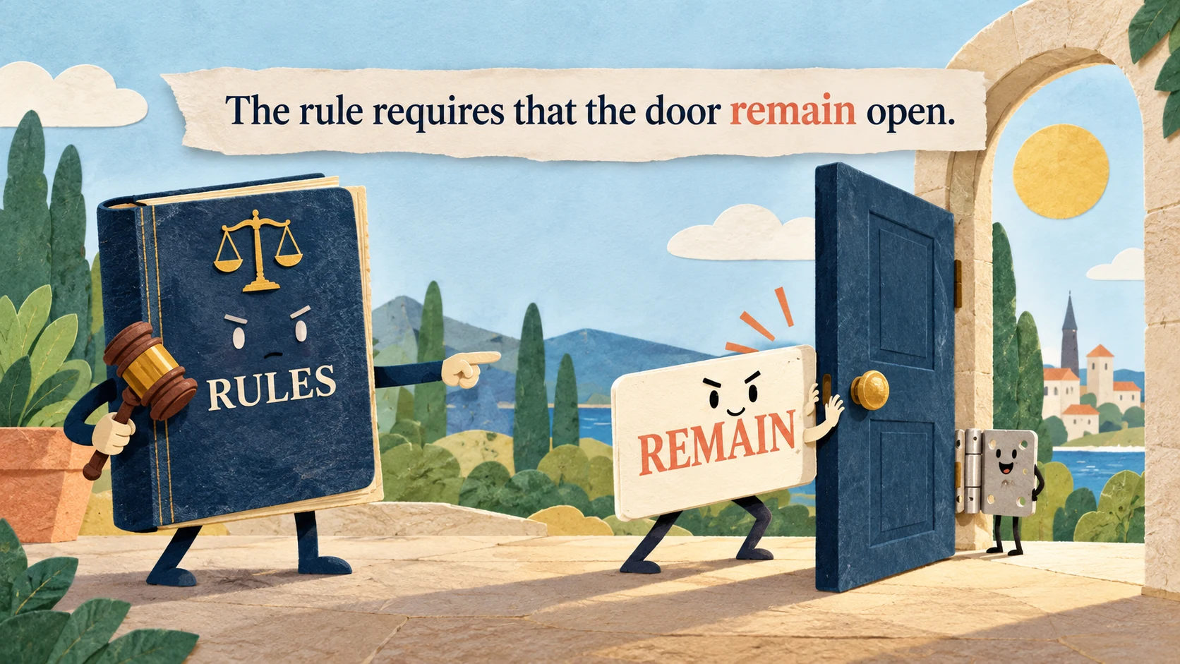 A rulebook directs a REMAIN word card to hold a door open under “The rule requires that the door remain open.”