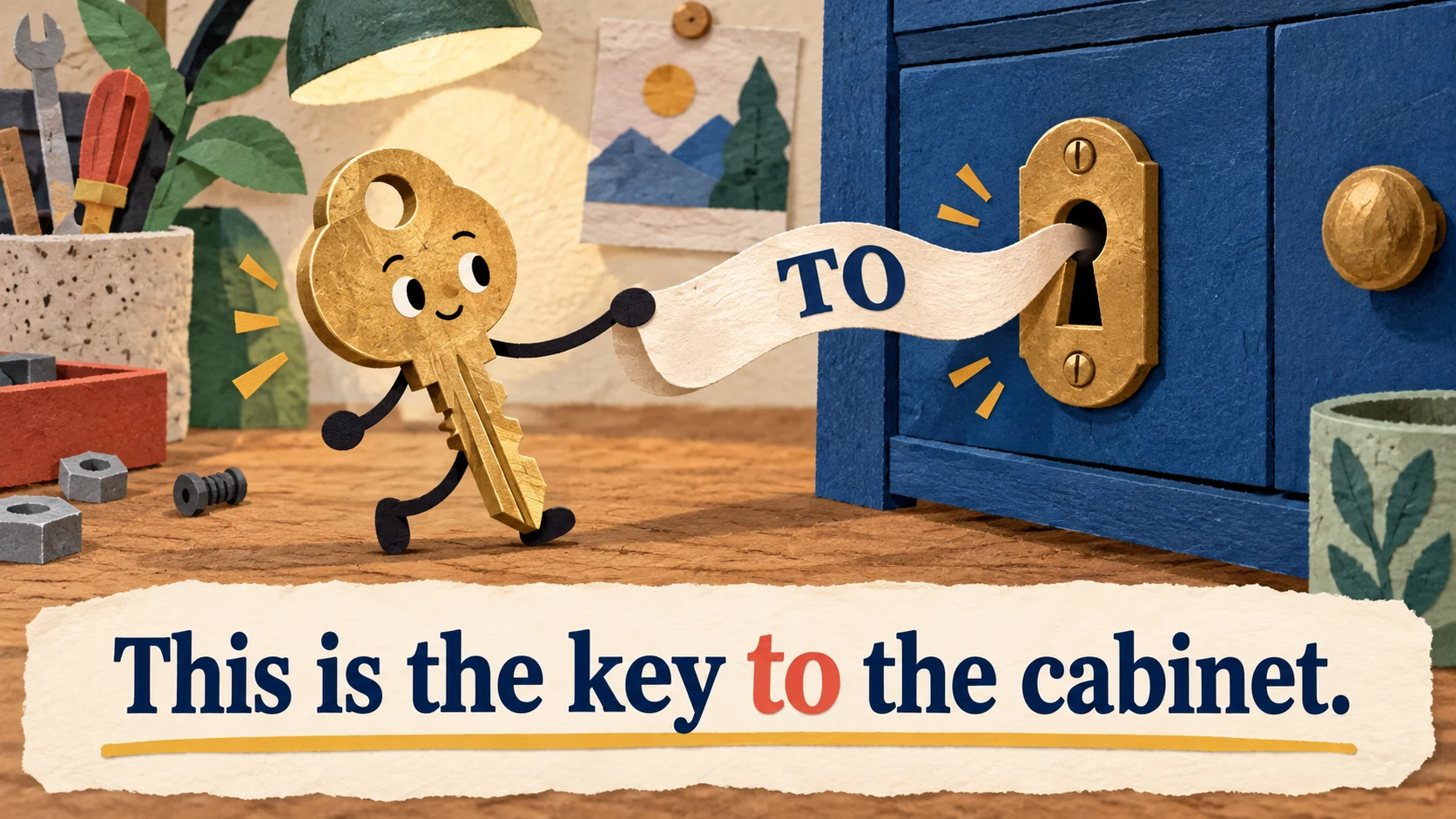 An animated key connects to a cabinet lock with TO beneath “This is the key to the cabinet.”