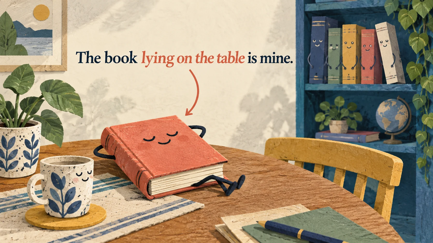 A lounging book on a table is identified by “lying on the table” in “The book lying on the table is mine.”