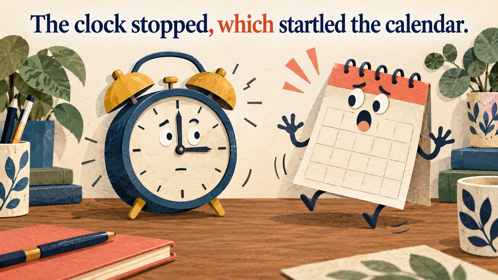 A stopped clock startles a paper calendar beneath ‘The clock stopped, which startled the calendar.’