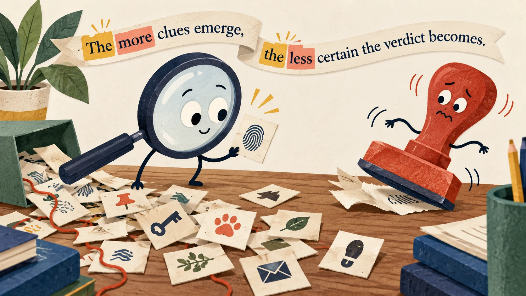 A magnifying glass finds more clues while a verdict stamp grows less certain beneath ‘The more clues emerge, the less certain the verdict becomes.’