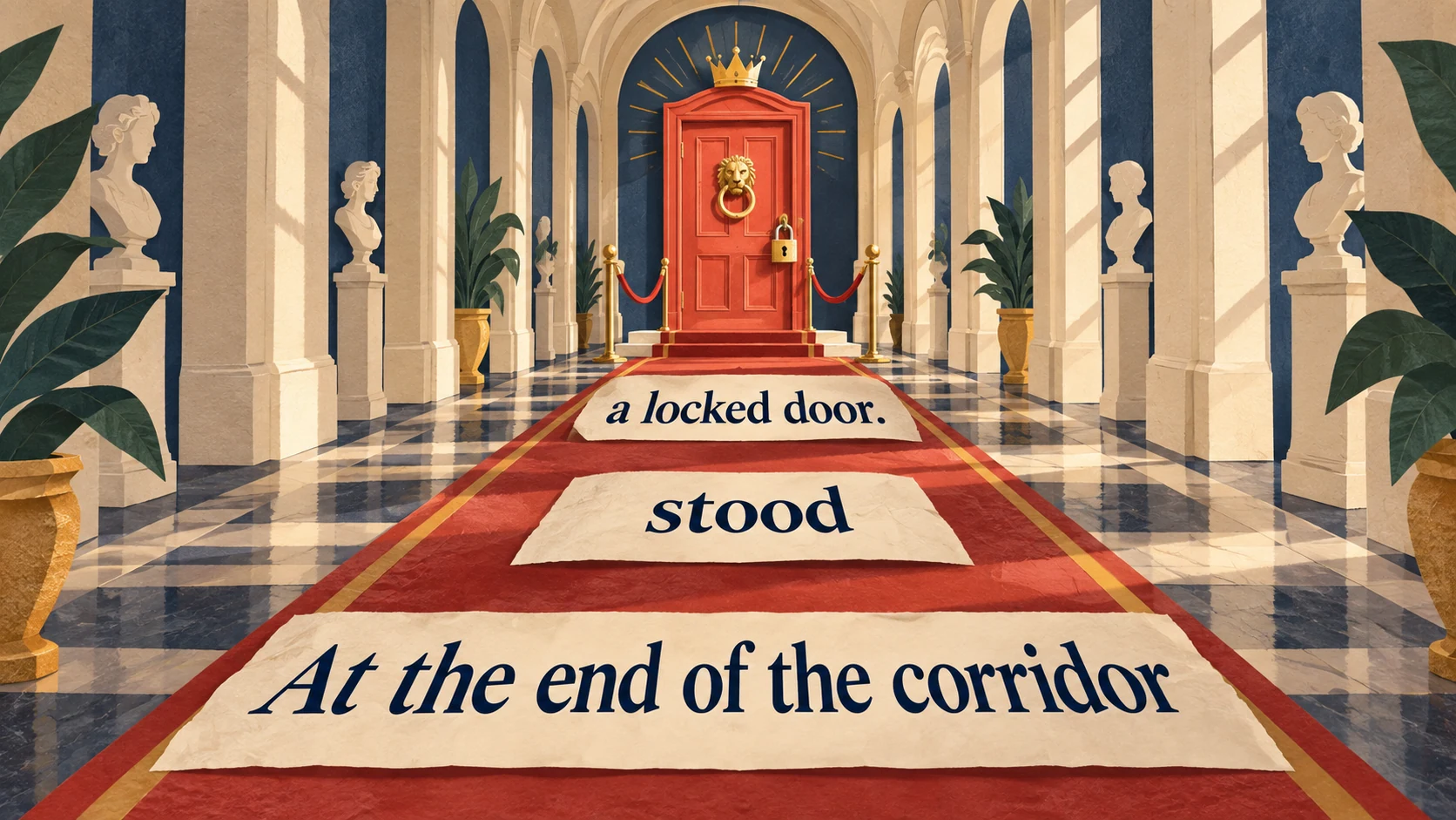 A locked door stands at the far end of a corridor, matching the fronted place phrase in At the end of the corridor stood a locked door.