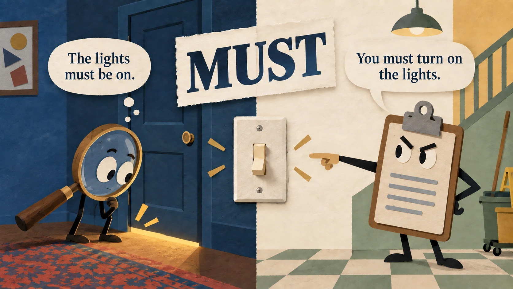 An animated magnifying glass deduces that the lights are on while an animated clipboard orders someone to turn them on, illustrating two meanings of must.