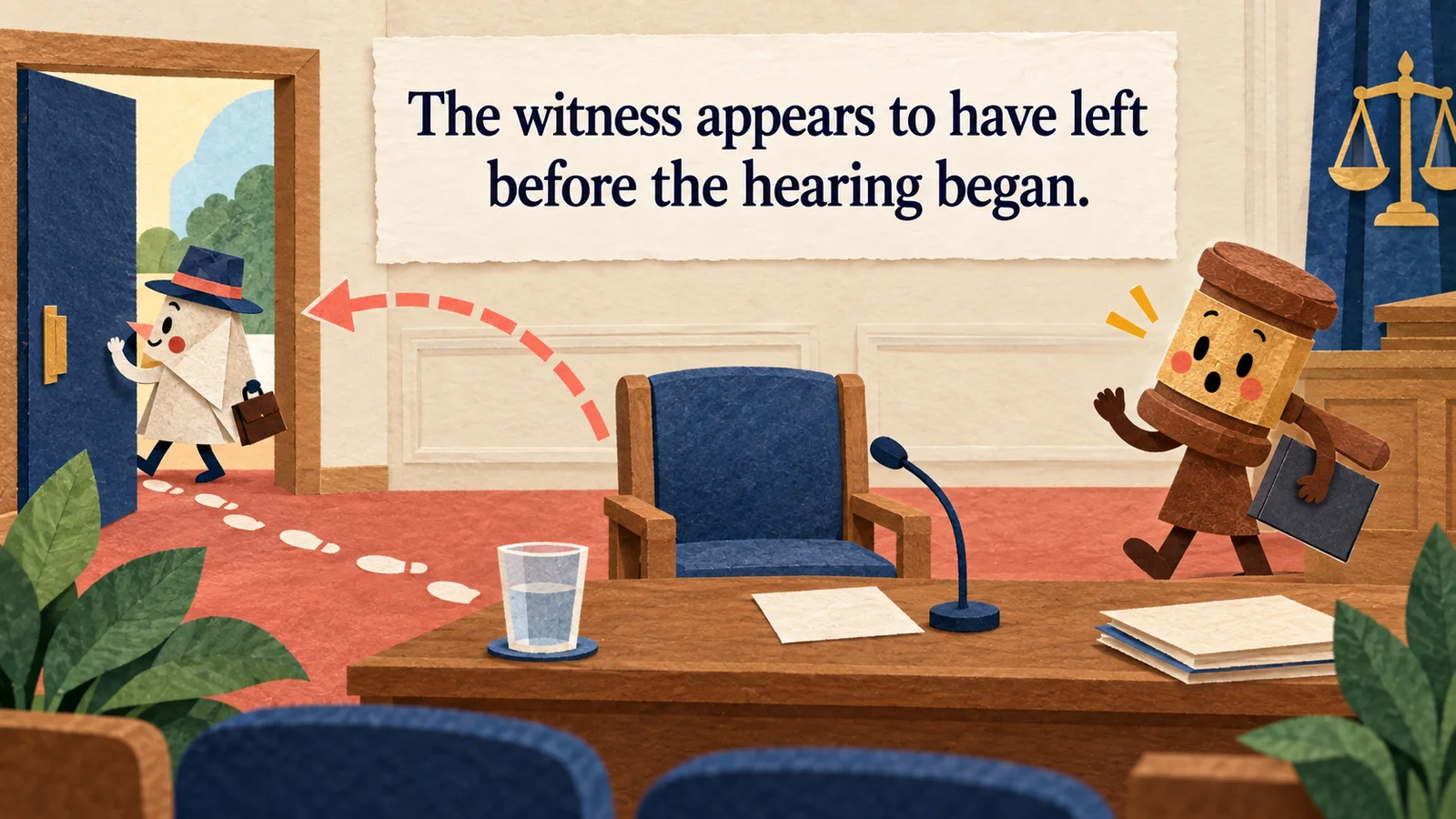A paper-puppet witness slips out through a side door before the hearing begins, leaving an empty chair beneath the sentence ‘The witness appears to have left before the hearing began.’