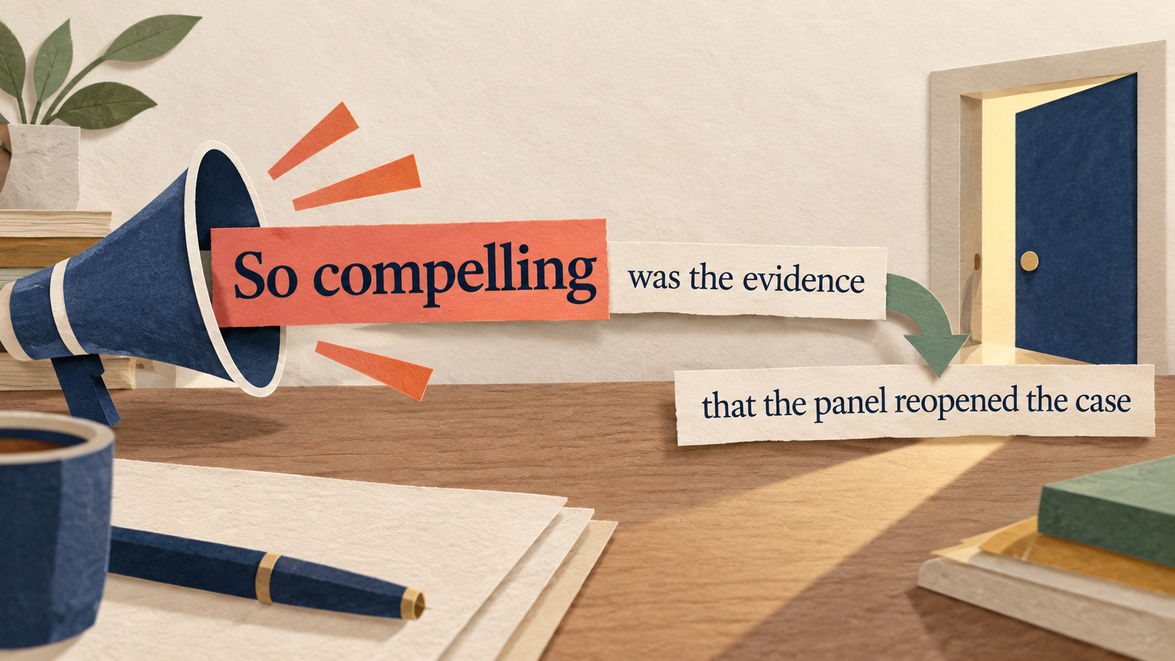 A paper megaphone highlights “So compelling” at the start of a sentence, leading to the result that the panel reopened the case.